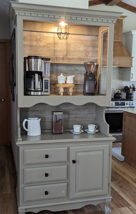 Coffee Bar China Cabinets, Ideas Para Cafe Bar En Casa, China Cabinet To Coffee Bar, Hutch Coffee Bar, Coffee House Decor, Wine And Coffee Bar, Diy Furniture Flip, Coffee Bar Station, Farmhouse Coffee Bar