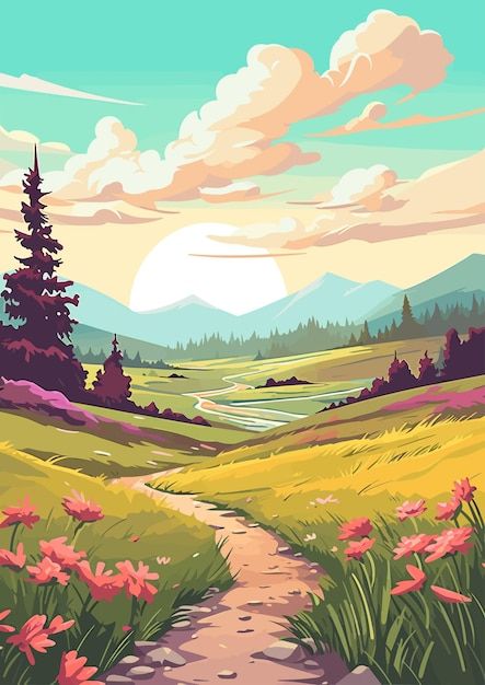 Valley Painting Landscapes, Flat Illustration Landscape, Cartoon Landscape Backgrounds, Vector Art Landscape, Spring Digital Art, Flat Landscape, Comic Book Background, Cartoon Landscape, Imaginary Landscapes