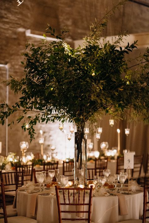 Tall green tree centerpieces with hanging candles for a summer wedding designed and created by Wild Stems at Front & Palmer in Philadelphia, PA. Venue is Front & Palmer. Catering by Feast Your Eyes. Lighting by Synergetic Sound, Inc. Photo by Julia Wade Photography. #weddingflorist #floraldesign #weddingcenterpiece #weddingflowers #philadelphiaweddings #philadelphiasummerwedding Tree Wedding Centerpieces, Art Blending, Tree Centerpieces, Enchanted Forest Wedding, Tall Centerpieces, Hanging Candles, Easy Art, Green Tree, Tree Wedding