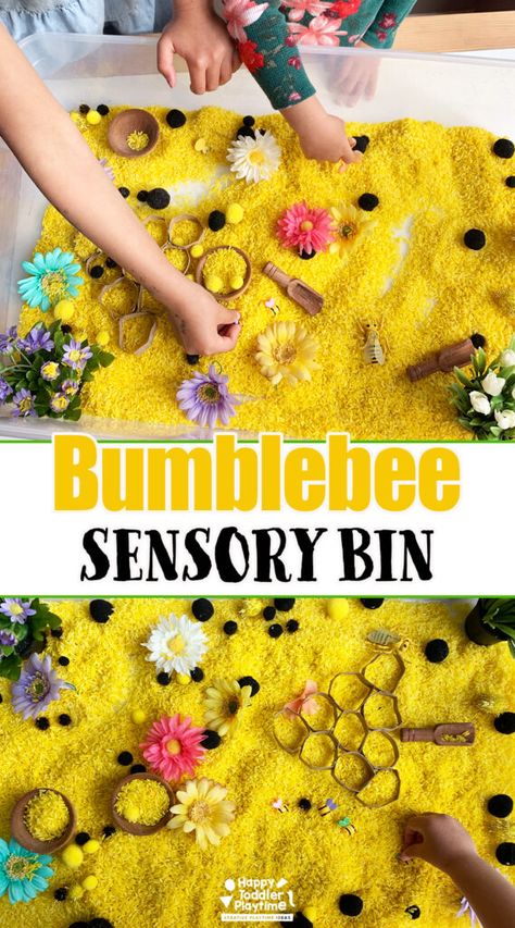 Bumblebee Sensory Bin - Happy Toddler Playtime Bees Sensory Activities, Honeybee Sensory Bin, Honey Sensory Bin, Spring Time Activities For Kids, Treasure Hunt Sensory Bin, Rosh Hashana Activities For Toddlers, Insects Sensory Bin, Bee Sensory Table, Bumblebee Activities For Preschool