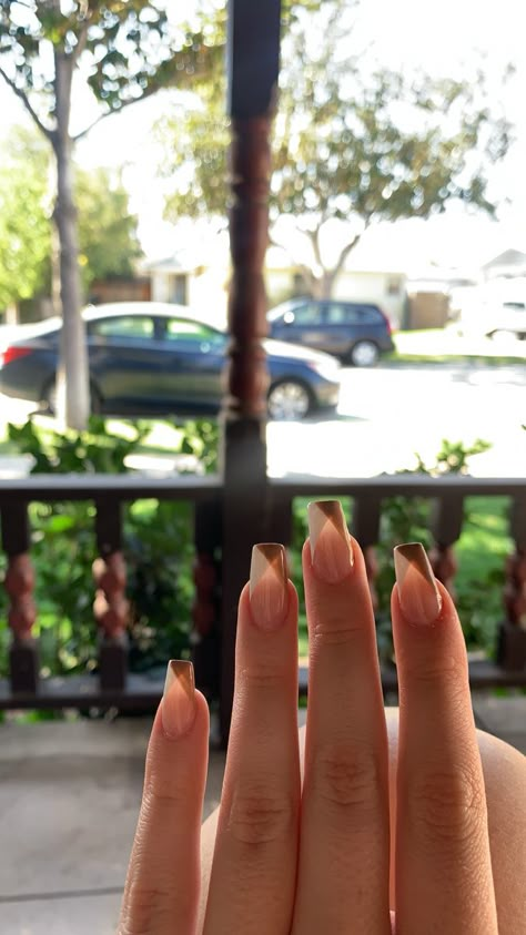 Brown white French tip design acrylic nails coffin aesthetic Brown White French Tip Nails, Tan And White French Nails, White And Brown French Tip, Coffin Brown French Tip Nails, Fall Acrylic Nails French Tip, Brown And White French Tip Nails, Brown And White French Tip, Brown And White Nails, White French Nails