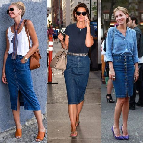 Pencil Jean Skirt Outfits, Denim Pencil Skirt Outfit, Looks Total Jeans, Classic Chic Style, Jean Skirt Outfits, Jean Pencil Skirt, Pencil Skirt Outfits, Jeans Claro, Long Denim Skirt