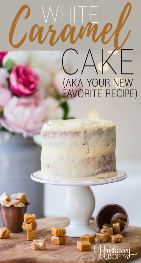 Caramel Wedding Cake, Caramel Icing Recipe, White Almond Sour Cream Cake, Almond Sour Cream Cake, Caramel Wedding, Cake With Caramel Icing, Moist White Cake, Caramel Cake Recipe, Cake With Caramel