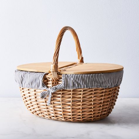 Blue & White Stripe Picnic Basket on Food52 Summer Vogue, Picnic Inspiration, Picnic Essentials, Wicker Picnic Basket, Basket Liners, Picnic Time, Plastic Tablecloth, Beach Picnic, Food 52