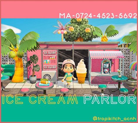 I was not totally satisfied with the colors of the custom designs of my ice cream shop so I created mine. If you want to use them, they are… Ice Cream Stand Acnh, Acnh Ice Cream Shop, Acnh Tropical, Island Layout, Ac Ideas, Animals Crossing, Acnh Design, Acnh Codes, Palm Spring