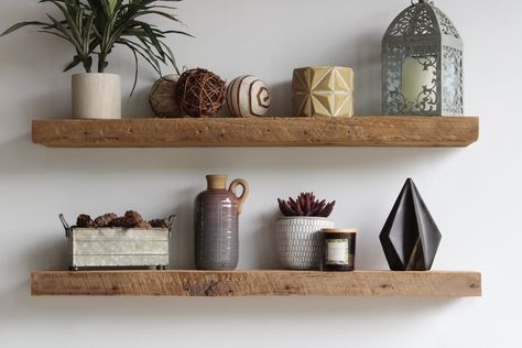 Floating Reclaimed Wood Shelves | Industrial, Rustic, Genuine Barn Wood l Amish Handcrafted in Lancaster County, PA by UrbanLegacyProducts on Etsy https://www.etsy.com/au/listing/608186290/floating-reclaimed-wood-shelves Pallet Deck Diy, Natural Shelves, Reclaimed Wood Shelves, Solid Wood Shelves, Wood Wall Shelf, Floating Shelves Diy, Wood Floating Shelves, Rustic Shelves, Floating Wall