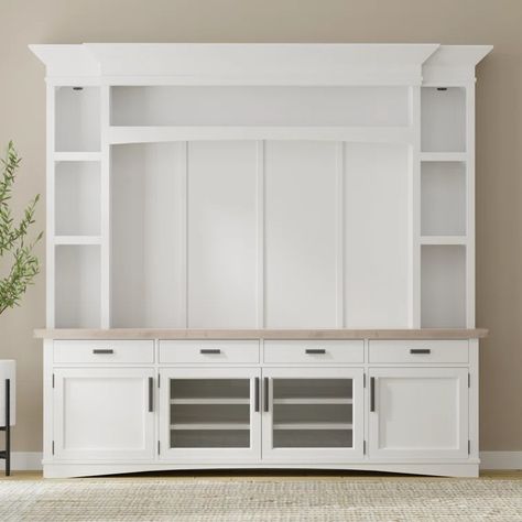 Beachcrest Home Bankhead 95'' Media Center & Reviews | Wayfair Shelving Cabinet, Display China, Dining Hutch, Coastal Farmhouse Style, Wood Entertainment Center, Wood Exterior, Interior Shelves, China Cabinets, Tv Stands And Entertainment Centers