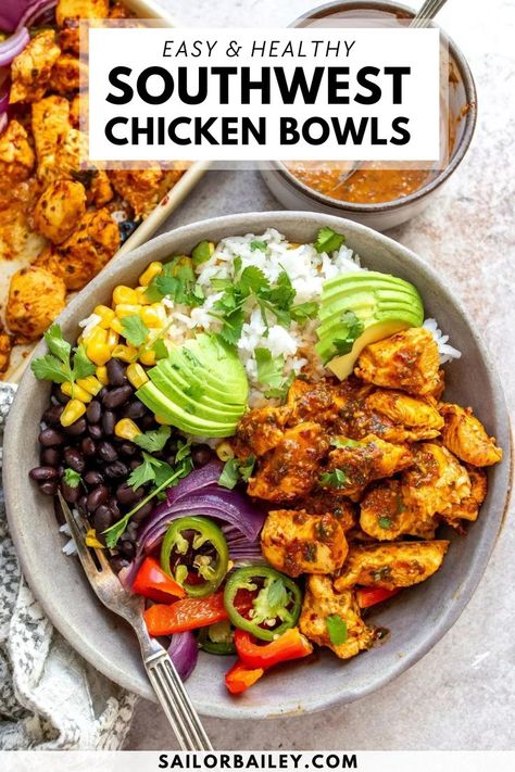 Southwest Chicken Bowls give a punch of flavor in every bite with the honey chipotle marinade and crisp veggies in every bite. Gluten-free and dairy- free this recipe is also perfect for an easy meal prep. Perfect for a healthy lunch idea or dinner recipe, this simple meal is ready in 30 minutes. Southwest Chicken Bowl, Chicken Bowls Healthy, Chipotle Marinade, Gluten Free Bowl, Gluten Free Dairy Free Dinner, Chipotle Chicken Bowl, Bowls Healthy, Sailor Bailey, Chicken Bowls