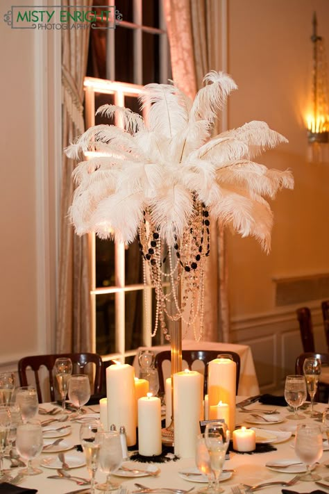 Old Hollywood Wedding by Candi's Floral Creations Hollywood Glam Centerpieces, Old Hollywood Decorations, Great Gatsby Wedding Decorations, Art Deco Wedding Centerpieces Roaring 20s, 1920s Decorations, Feather Centrepiece, Great Gatsby Floral Arrangements, Old Hollywood Floral Centerpieces, Roaring 20s Centerpieces Vases