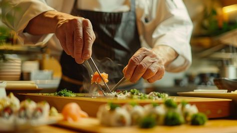 Chef Preparing Sushi: A skilled chef carefully plates sushi, showcasing culinary art with precision and attention to detail. #chef #sushi #cooking #cuisine #kitchen #aiart #aiphoto #stockcake ⬇️ Download and 📝 Prompt 👉 https://ayr.app/l/n2vq Sushi On The Beach, Mi World, Cat Snacks, Sushi Chef, Culinary Art, Culinary Arts, Shoot Ideas, Chef, Snacks