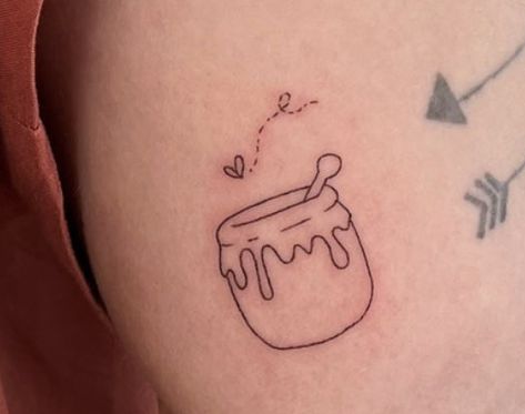 Small Honey Tattoo, Small Vintage Tattoo Ideas, One Inch Tattoos For Women, Honeypot Tattoo Simple, Hunny Pot Winnie The Pooh Tattoo, Honey Fine Line Tattoo, Honey Pot And Bee Tattoo, Honey Bun Tattoo, Bread And Butter Tattoo