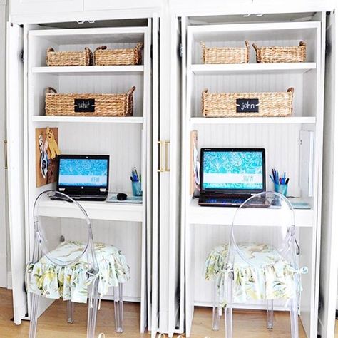 Room for two (plus a desk for yours truly) in our family office!! All the deets are on the blog. 💙💙 #dixiedecorates #familyoffice #office #organization #interiors… Armoire Office Ideas, Built In With Hidden Desk, Office In A Box Ideas, Concealed Office Space, Hideaway Office Space, Pocket Door Desk, Hidden Desk Cabinet Home Office, Hidden Desk In Kitchen, Hidden Built In Desk