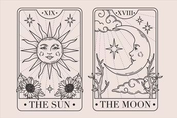 Sun And Moon Tarot Card Drawing, Sun And Moon Tarot Card Tattoo Matching, Moon Tarot Card Drawing, Tarot Card Outline, The Moon Tarot Card Tattoo, Moon Tarot Tattoo, Tarot Cards The Moon, The Moon Tarot Card Meaning, Sun Tarot Card Tattoo