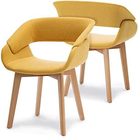 Ivinta Modern Dining Room Chair Set of 2 for Kitchen, Mid-Century Upholstered Fabric Accent Chair with Solid Wood Legs Modern Living Dining Room, Yellow Dining Chairs, Modern Living Dining, Dining Room Accents, Wood Side Chair, Accent Chair Set, Yellow Chair, Yellow Cushions, Fabric Accent Chair