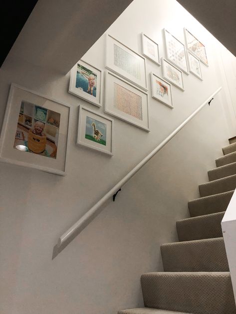 Modern Gallery Wall Using Kid’s Art! • Mindfully Gray Basement Stairs Gallery Wall, Photo On Stairs Wall Ideas, Stair Photo Gallery, Gallery Wall On Slanted Wall, Small Staircase Gallery Wall, Modern Staircase Gallery Wall, Wall Going Up Stairs Decor, Photos Up Staircase, Kids Art Gallery Wall