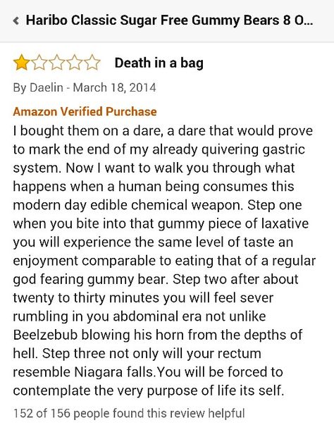 A real review for Haribo Sugar Free Gummy Bears. Sugar Free Gummy Bear Review, Funny Amazon Reviews, Funny Reviews, Sugar Free Gummy Bears, Haribo Gummy Bears, Better Call Saul Breaking Bad, Amazon Reviews, Food Experiences, Better Call Saul