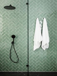 Green Shower Tile, Glass Tile Bathroom, Green Subway Tile, Green Tile Bathroom, Green Tiles, Three Birds Renovations, Scandinavian Bathroom, Bad Inspiration, Herringbone Tile