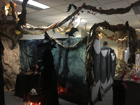 2017 work office Halloween decor- witch in forest Halloween Witch Office Decorations, Dark Forest Halloween Decorations, Scary Office Decorations, Halloween Office Decorations Cubicles, Cubicle Halloween Decorations, Dark Office, Office Halloween Decorations, Halloween Office, Scary Witch