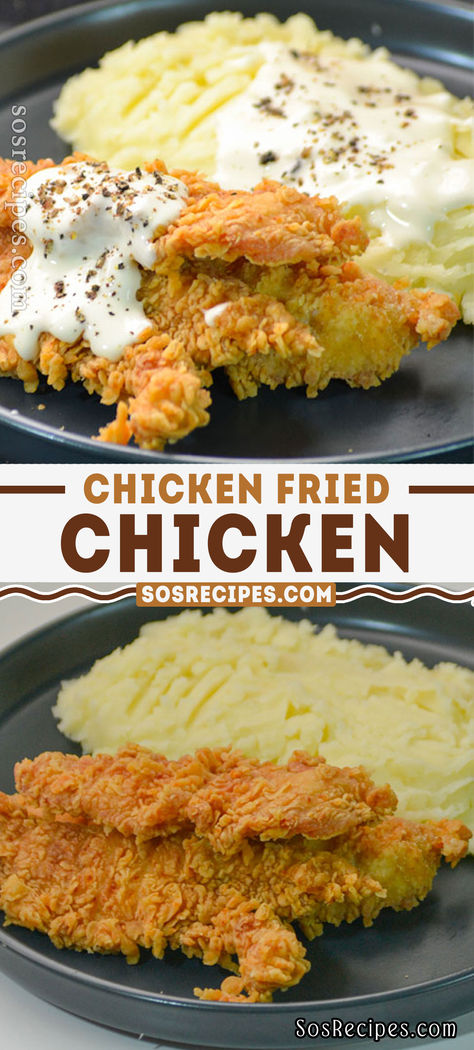 As simple and tasty as it is, with only few ingredients, this Chicken Fried Chicken recipe is the perfect fit for a family dinner, bringing everyone together for a comforting meal. Comfort Food Recipes Chicken, Chicken Strip Recipes Baked, Chicken Fried Chicken Easy, Fried Chicken Dinner Ideas Sides, Chicken Recipes Stove Top, Chicken Recipes Fried, Chicken Fried Chicken Recipe, Baked Fried Chicken Recipe, Tenders Recipes