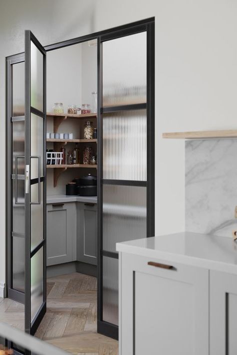 Grey kitchen larder Larder Cupboard Ideas, Modern Wooden Cupboard Design, Benchmarx Kitchen, Wooden Cupboard Design, Cupboard Ideas, Ideas For Small Bedrooms, Wardrobe Interior, Kitchen Larder, Wooden Cupboard