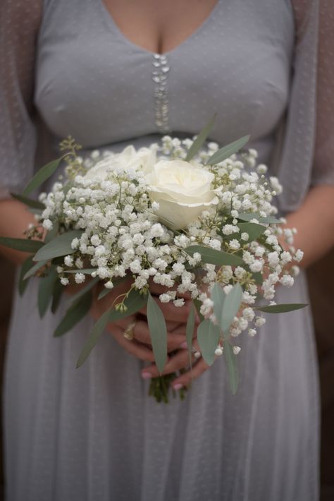 Baby's breath, eucalyptus, & white rose bouquet. Kate & Co Photo. Wedding Bouquets White Roses And Eucalyptus, Gypsophila Rose Bouquet, Gypsophila Bouquet Bridesmaid, Baby Breath And Eucalyptus Bouquet, Bridesmaid Baby Breath Bouquet, White Rose Bridesmaid Bouquet, Entourage Flowers, Baby's Breath Wedding Flowers, Eucalyptus Flowers