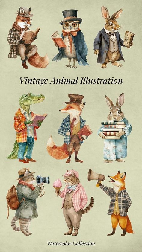 vintage animal character design element set | free image by rawpixel.com / Boom Woodland Creatures Art, Wardrobe Illustration, Animal Character Design, Animals In Clothes, Paw Painting, Woodland Animal Art, Victorian Illustration, Animal Printables, Vintage Animals