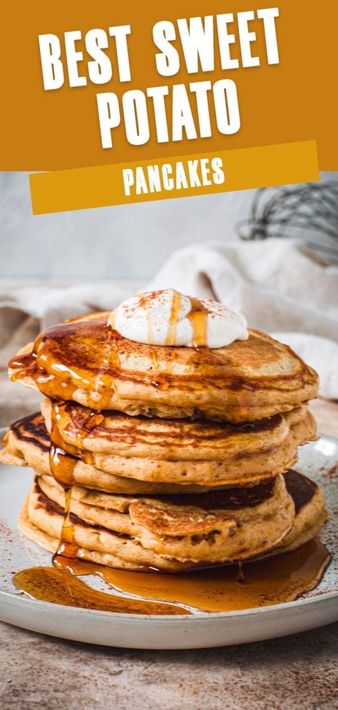 Fluffy, homemade, and deliciously decadent, this is the Best Sweet Potato Pancakes Recipe. Made with buttermilk and spices of cinnamon, nutmeg, and ginger for a rich fall or even year-round breakfast. Stack these pancakes high and drench them in maple syrup. Sweet Potato Pancake, Sweet Potato Pancakes Recipe, Best Sweet Potato, Fall Recipes Breakfast, Potato Pancake, Canning Sweet Potatoes, Pancake Calories, Pancakes Breakfast, Sweet Potato Pancakes