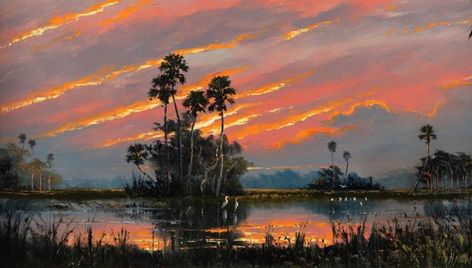 An untitled and undated landscape by The Highwaymen, Orlando Museum Of Art, Color Of Night, Tropical Painting, Florida Artist, Florida Art, Picture Postcards, Old Florida, Vintage Florida