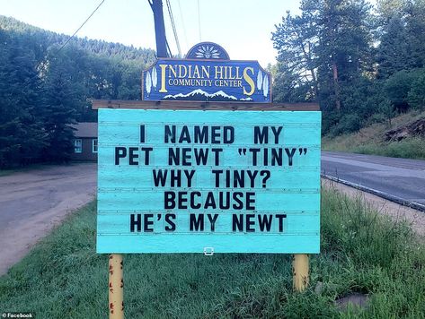 Dad's hilarious jokes find a new appreciative audience on community center sign | Daily Mail Online Meaningful Signs, Funny Billboards, Clever Humor, Corny Puns, Funny Road Signs, Punny Jokes, Laughing Funny, Indian Hills, Funny Accidents