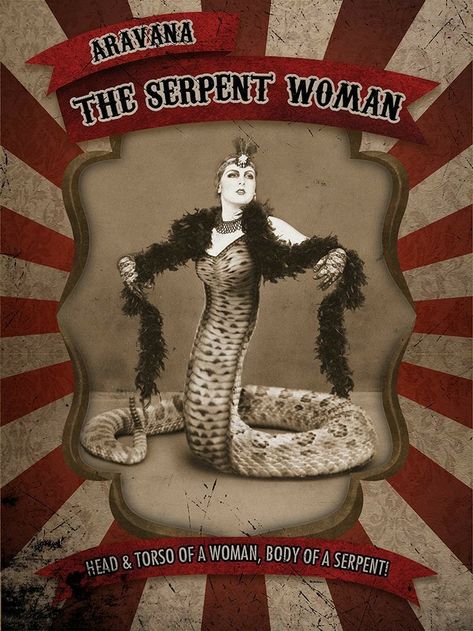 Serpent Woman, Snake Women, Arte Naive, Haunted Circus, Haunted Carnival, Creepy Circus, Old Circus, Vintage Circus Posters, Circus Aesthetic