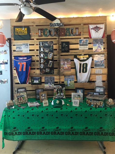 Senior Photo Wall Display, How To Display Jerseys At Graduation, Jersey Display Graduation Party, Graduation Boards Display, Senior Grad Table Display, Graduation Table Display, Graduation Display Ideas, Picture Display For Graduation Party, Graduation Sports Display