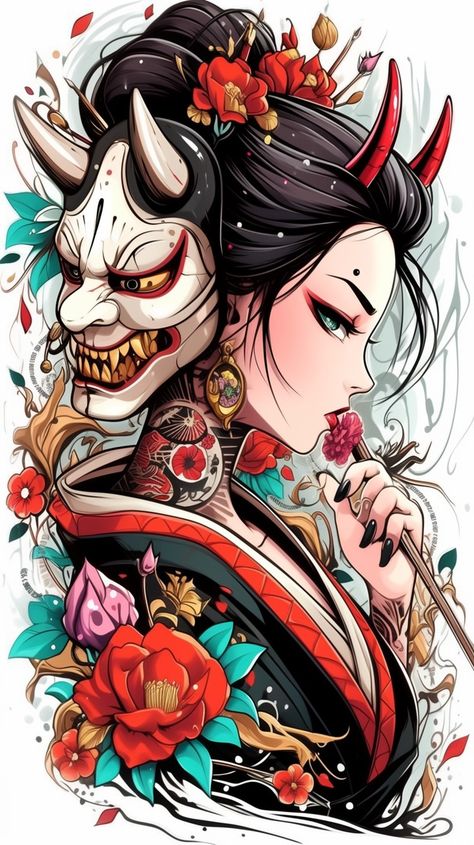 Geisha Girl Tattoo, Girl Tattoo Ideas, Anime Covers, 2024 Tattoo, Geisha Tattoo Design, Sick Drawings, Oni Tattoo, Tattoo Japanese Style, Colour Tattoo