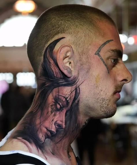 Dark Realism, Mum And Dad Tattoos, Front Neck Tattoo, Koi Tattoo Sleeve, Best Neck Tattoos, Side Neck Tattoo, Tattoo Lettering Design, Surreal Tattoo, Throat Tattoo