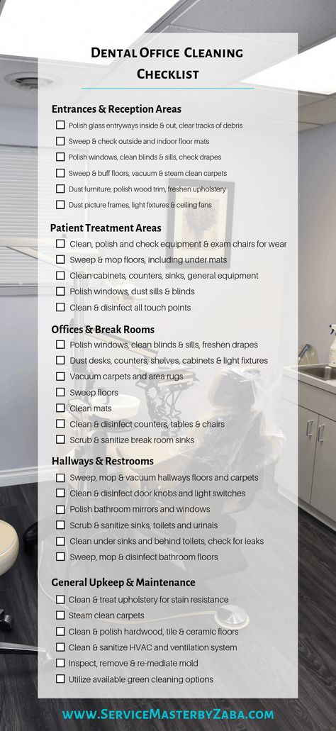 Commercial Office Cleaning Checklist, Organization Ideas For Dental Office, Dental Assistant Daily Checklist, Office Cleaning Price List, Dental Office Manager Organization, Office Cleaning Schedule, Dental Office Organization Ideas, Dental Office Organization, Office Cleaning Checklist