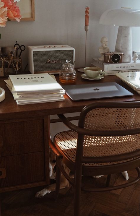 Vintage Library Aesthetic, Dark Academia Desk, Cozy Desk, Small Workspace, Apartment Makeover, Office Nook, Study Aesthetic, Bedroom Decor Design, Room Idea