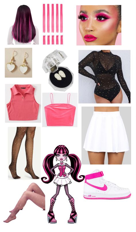 Monster High Trio Costume, Draculaura Cosplay Outfit, Draculora Cosplay, Draculaura Outfit Inspiration, Draculaura Inspired Outfits, Monster High Outfit Inspiration, Draculaura Outfit, Draculaura Halloween Costume, Draculaura Halloween