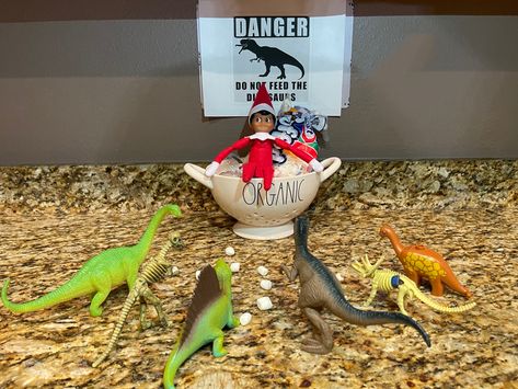 Elf on the Shelf feeding the dinosaurs Don’t Feed The Dinosaurs Elf, Elf Feeding Dinosaurs, Elf And Dinosaurs, Thanksgiving Napkin Folds, Dinosaur Ideas, Simple Thanksgiving Table Decor, Dinosaur Christmas Tree, Fireplace Tv Wall Decor, Elf On The Shelf Idea