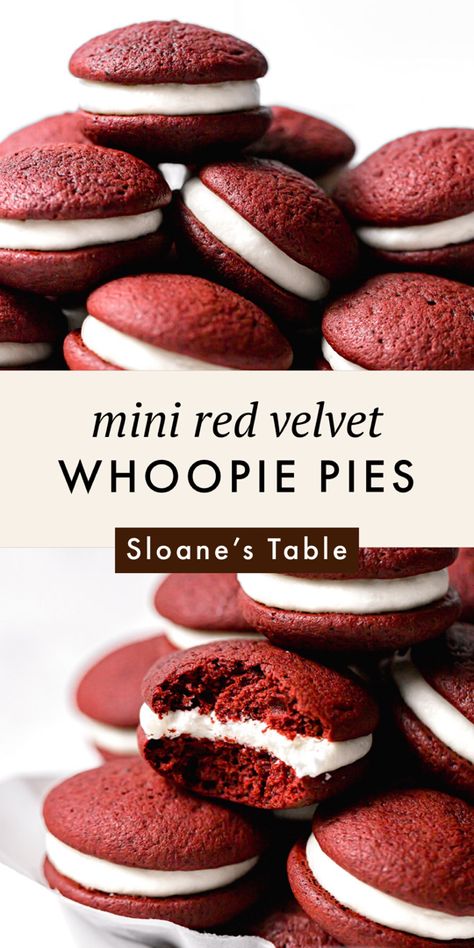 These mini red velvet whoopie pies have a moist, velvety smooth texture, subtle cocoa flavor, and a sweet cream cheese frosting. Divine Recipes, Red Velvet Whoopie Pies, Whoopie Pie Recipe, Cookie Sandwich, Whoopie Pie, Mince Pie, Easy Cocktail, Individual Desserts, Keto Friendly Desserts