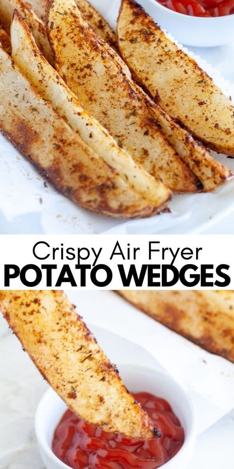 These air fryer potato wedges are crispy on the outside, tender on the insides and seasoned to perfection. Potato wedges are a delicious side dish or appetizer. #airfryerpotato Air Fryer Recipes Meat, Air Fryer Potato Wedges, Homemade Potato Wedges, Air Fryer Potatoes, Air Fry Potatoes, Air Fryer Potato, Air Fryer Recipes Snacks, Potato Wedges Recipe, Wedges Recipe