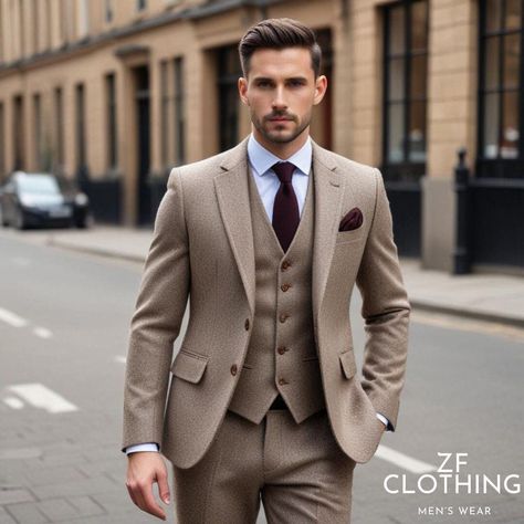 Beige Suit Men, Beige Tweed Suit, Groom Wedding Suit, Costume Beige, Suit Groom, Formal Fashion, Beige Suits, Stylish Suit, Tweed Suits