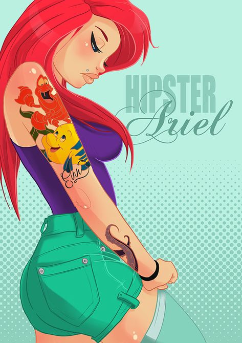 Hipster Ariel on Behance. #design #ilustração #disney #hipster Hipster Disney Princess, Hipster Ariel, Hipster Princess, Princesa Punk, Hipster Disney, Evvi Art, Princes Disney, Disney Punk, Princess Illustration