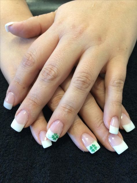 Classic Tammy Taylor Pink and White Acrylic Nails with a St Patties Clover 4 Leaf Clover Nails, Four Leaf Clover Nails, Clover Nails, Pink And White Acrylic Nails, St Patties, Tammy Taylor, White French Tip, White Acrylic Nails, 4 Leaf Clover