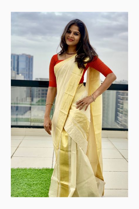 Kerala mundu and veshty with sequins work silk blouse. Pair it with blue sapphire neck piece Blue Set Mundu Kerala, Onam Set Mundu, Set Mundu Kerala Bride, Set Mundu Blouse Design, Set Mundu Kerala, Onam Fashion, Trendy Blouse Patterns, Kerala Sari, Kerala Traditional Saree