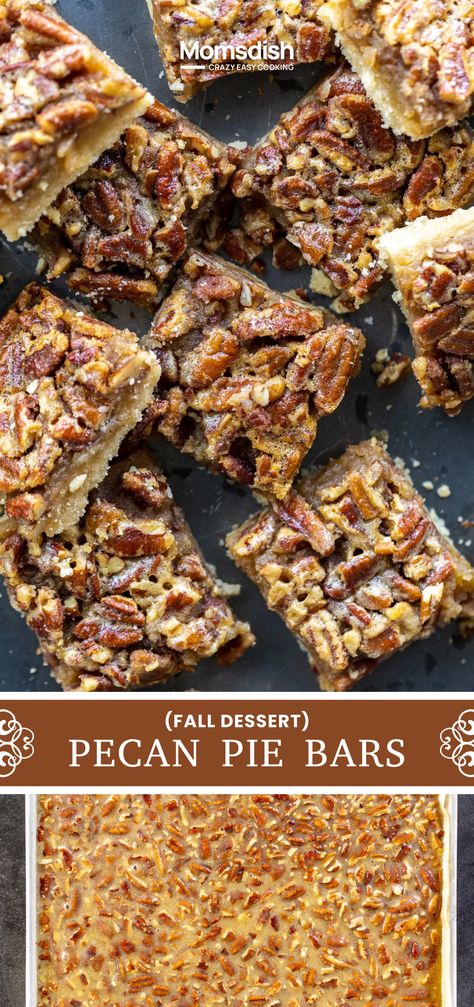 These pecan pie bars are packed with honey-caramelized pecans and brown sugar, creating the perfect balance of a flaky crust and sticky-sweet filling—without any corn syrup! An ideal Thanksgiving dessert or fall treat, they’re sure to satisfy your holiday dessert cravings. Pecan Pie Bars Recipe Without Corn Syrup, Bulk Dessert Recipes, Pecan Pie Bars With Maple Syrup, Pecan Bars No Corn Syrup, Pumpkin Pecan Pie Bars, Brown Butter Pecan Pie Bars, Thanksgiving Bar Desserts, Pecan Pie Bars With Sugar Cookie Crust, Pecan Pie Bars With Graham Cracker Crust