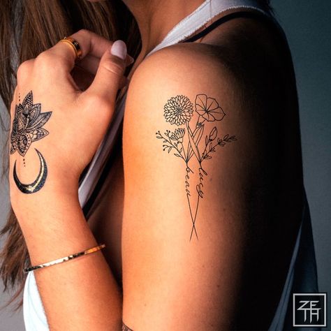 2 Names Birth Month Flowers Tattoo Art , Custom Name Design , Couple Family Personalized Tattoo Design , Line Art Birth Flower Tattoo Design - Etsy Double Birth Flower Tattoo, Mother Name Tattoo Ideas, Kid Tattoos For Moms, Birth Month Flowers Tattoo, Name Flower Tattoo, Simple Flower Tattoo, Beautiful Flower Tattoos, Mother Tattoos, Birth Flower Tattoos