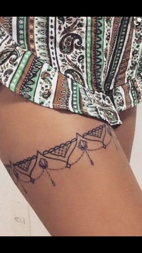 Thigh Cuff Tattoo, Grandmother Tattoo, Lace Thigh Tattoos, Thigh Garter Tattoo, Thigh Band Tattoo, Thigh Band, Garter Tattoo, Pineapple Tattoo, Cuff Tattoo