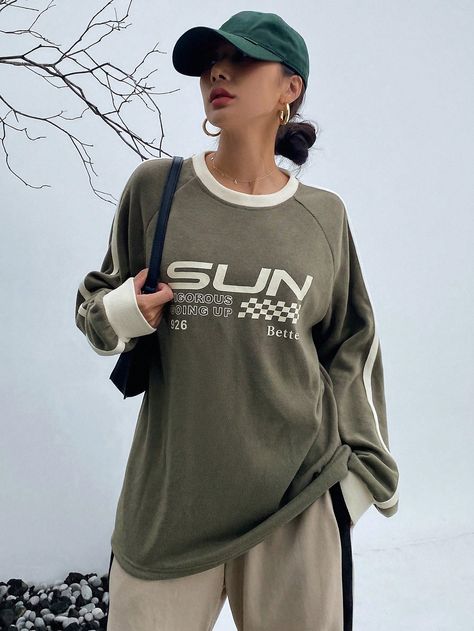 Olive Green Casual Collar Long Sleeve Fabric Slogan Pullovers Embellished Slight Stretch  Women Clothing Olive Green Sweatshirt Outfit, Outfits Verdes, Green Sweatshirt Outfit, Raglan Sleeve Sweatshirt, Women Sweatshirts, Green Sweatshirt, Dark Olive Green, Sweatshirt Outfit, Contrast Trim