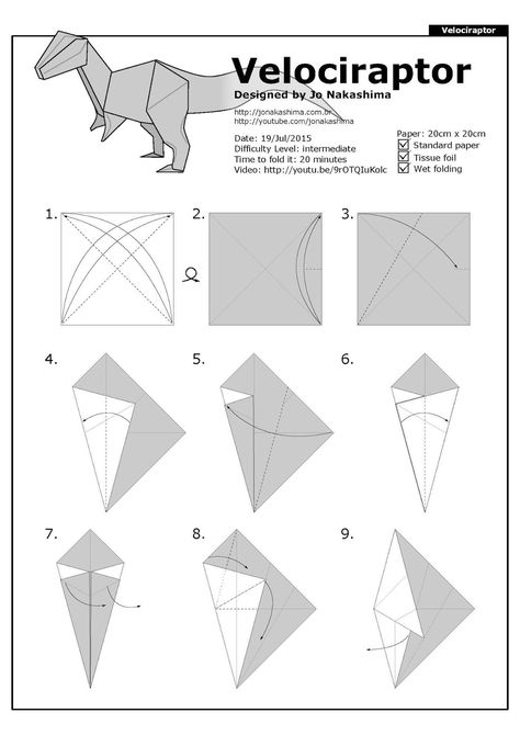 Jo Nakashima Origami, Origami Dinosaur Step By Step, Origami Dinosaur Easy Step By Step, Origami A4 Paper, Square Paper Origami, Origami Velociraptor, Origami Things, Origami Dinosaur, Dinosaur Origami