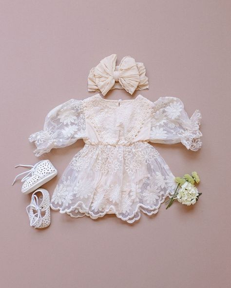 The lace detail on our Hazel Romper is everything 😍😍⁠ ***TAP TO SHOP*** Vintage Sleeves, Smash Photoshoot, Blessing Dress, Creamy Color, Smash Cake Photoshoot, Church Ceremony, Toddler Age, One Piece Outfit, Fall Accessories