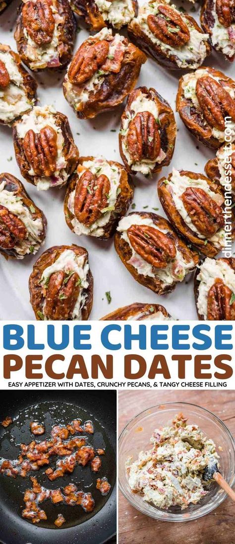 Blue Cheese Pecan Dates are an easy and impressive appetizer with candied pecans, crumbled blue cheese, pitted dates, and bacon. Bacon Wrapped Dates With Blue Cheese, Dates And Cheese, Baked Pears With Blue Cheese, Blue Cheese Recipes Appetizers, Cheese Olives Appetizer, Dates With Blue Cheese, Blue Appetizers, Blue Cheese Stuffed Dates, Blue Cheese Appetizers